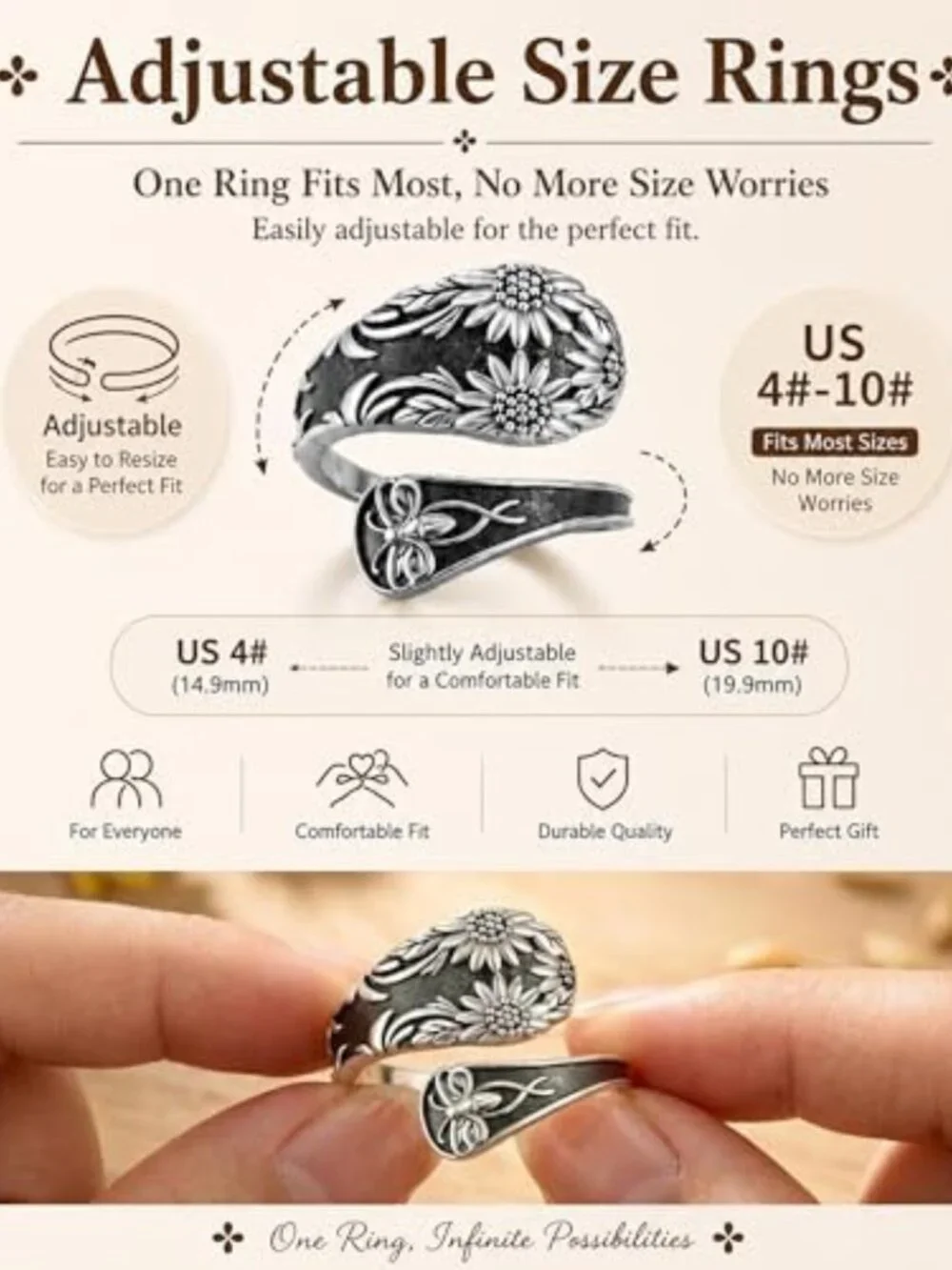 Vintage 925 Sterling Silver Adjustable Spoon Ring for Women - Unique Thumb Wrap